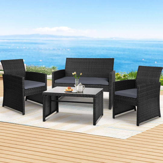 Gardeon 4-piece black outdoor wicker sofa set with table, perfect for affordable garden furniture and stylish outdoor decor.