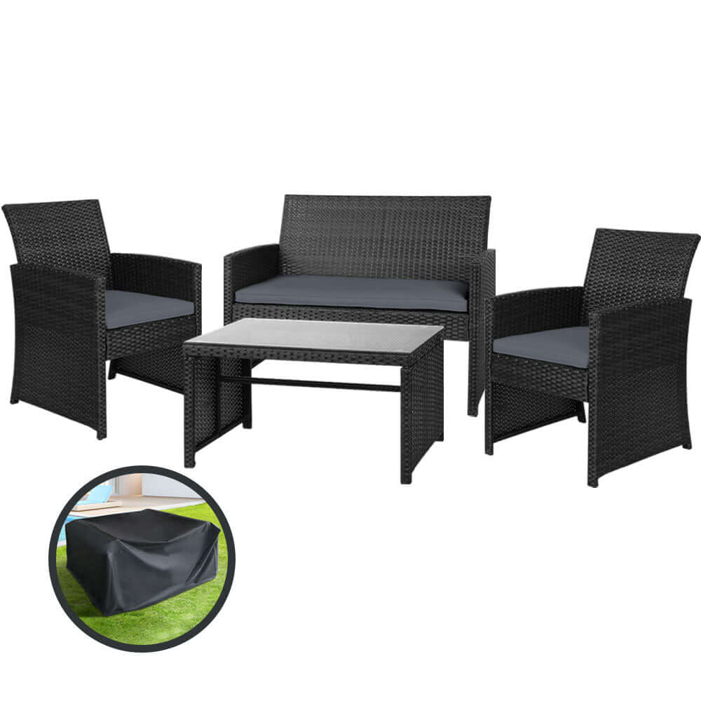 Gardeon 4 PCS Outdoor Sofa Set in black with storage cover, featuring rattan chairs and a stylish table for patio elegance.