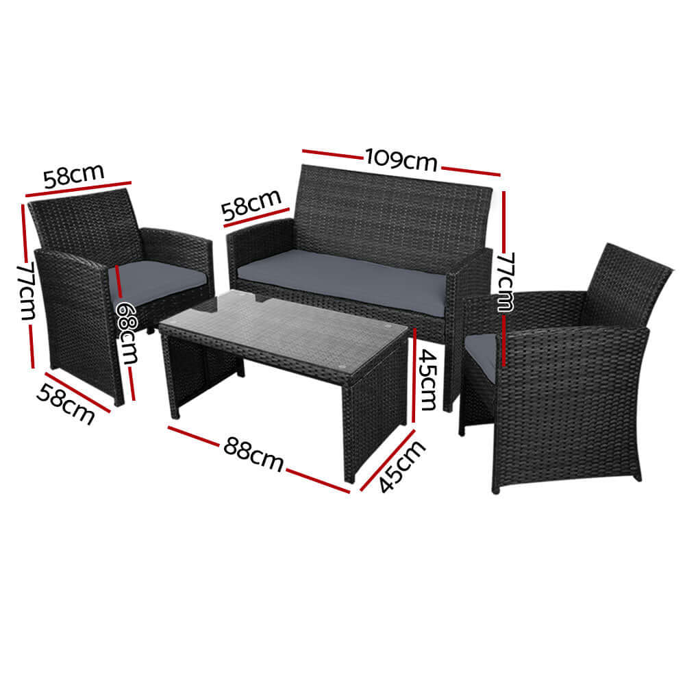 Gardeon 4 PCS Rattan Outdoor Sofa Set dimensions, showcasing two armchairs, a two-seater, and a table, in stylish black.