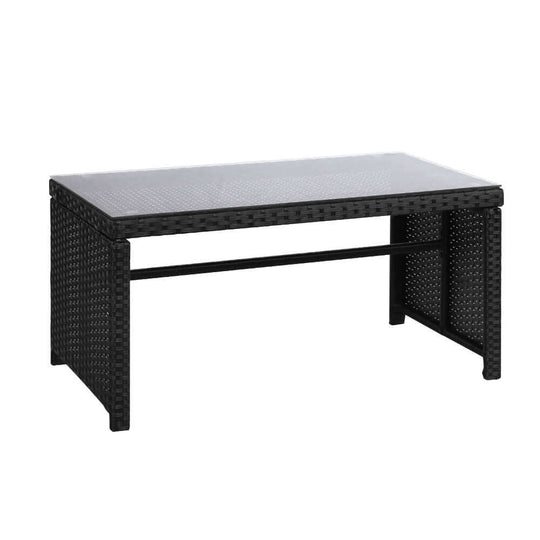 Affordable black rattan outdoor coffee table with tempered glass top, perfect for patio or garden use.