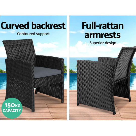 Gardeon rattan chair features curved backrest and full-rattan armrests for comfort and style in outdoor spaces.