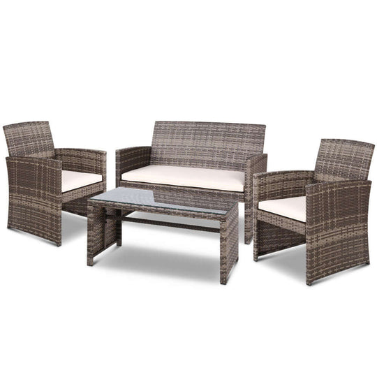 Gardeon 4 PC outdoor wicker sofa set featuring 2 chairs, a loveseat, and a glass table in grey, perfect for stylish garden or patio.