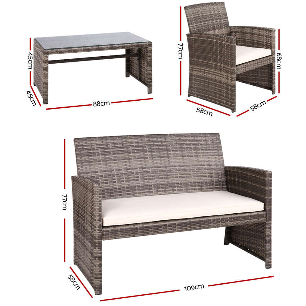 Dimensions of Gardeon 4 PCS Outdoor Sofa Set - Rattan Chairs and Table, highlighting affordable, quality design for outdoor spaces.