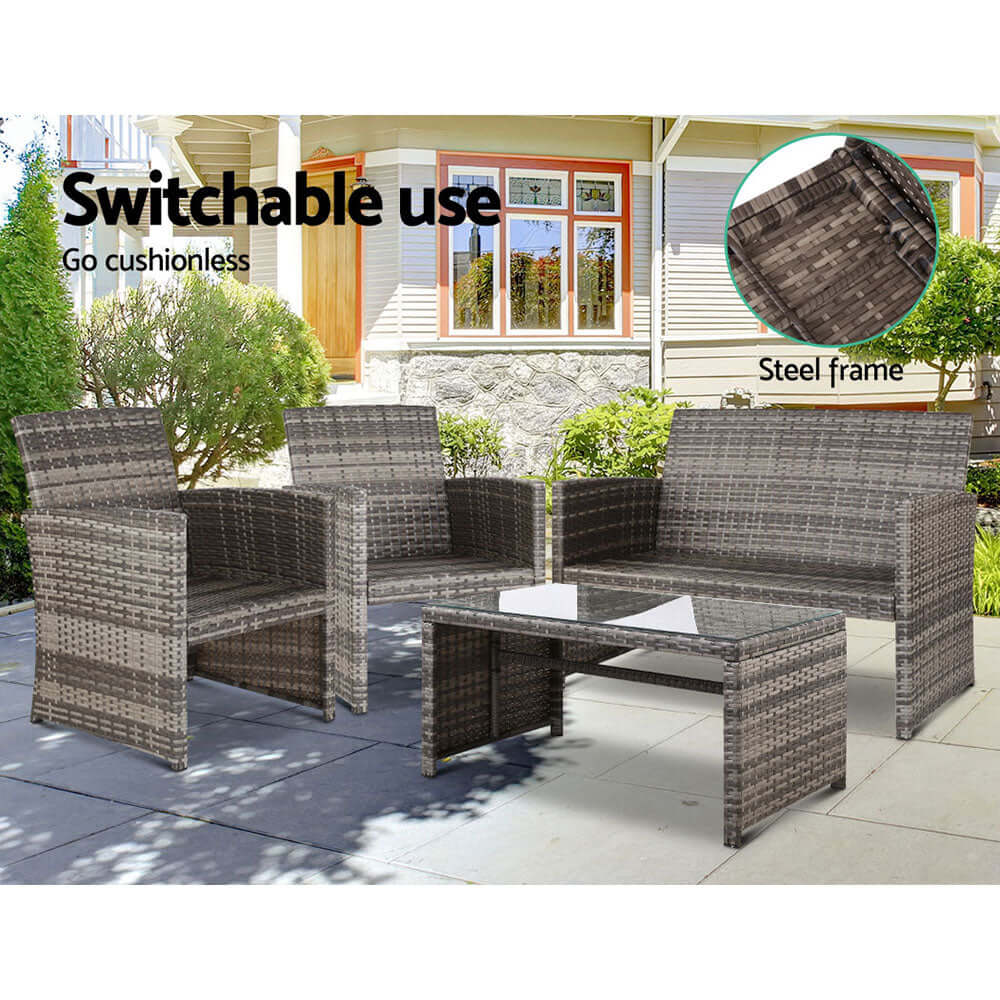 Gardeon 4-piece outdoor wicker sofa set with steel frame, ideal for garden furniture, stylish and affordable.