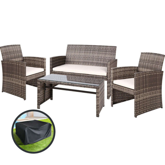 Gardeon 4 PCS affordable rattan outdoor sofa set with storage cover, including two armchairs and a glass top table.