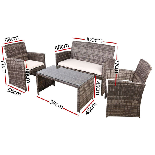 Gardeon 4-piece rattan outdoor sofa set with dimensions. Affordable, quality furniture for stylish patios and decks.