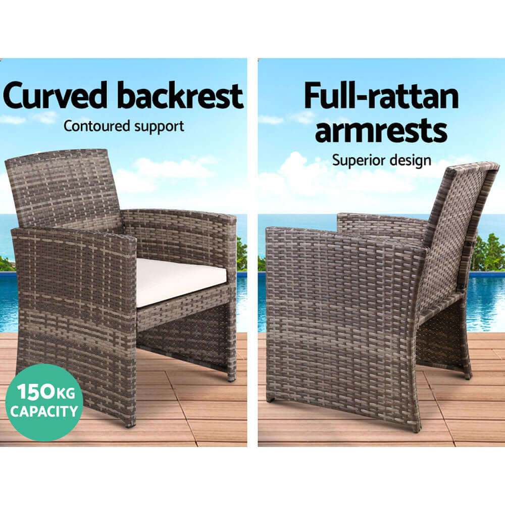 Curved backrest and full-rattan armrests of Gardeon outdoor chair, designed for comfort and style, 150kg capacity.