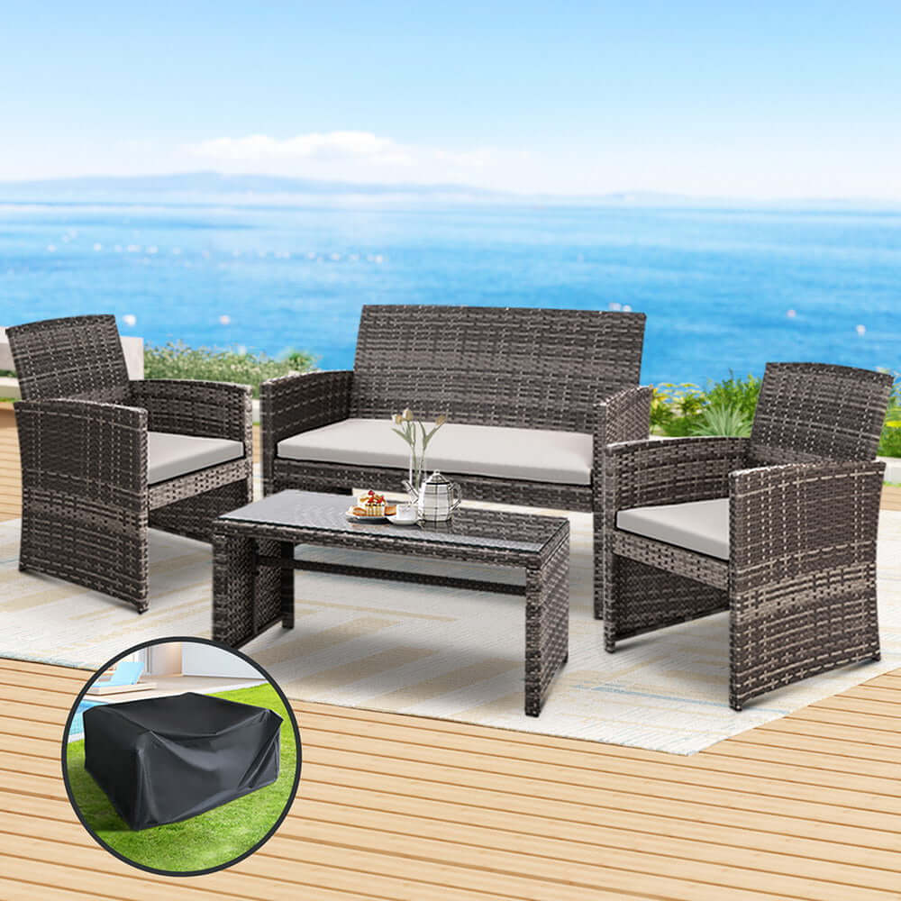 Gardeon 4-piece outdoor sofa set featuring rattan chairs and storage cover, ideal for stylish patios and affordable luxury.