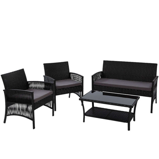 Affordable Gardeon 4PCS Outdoor Wicker Sofa Set with elegant black finish for patio or garden use.