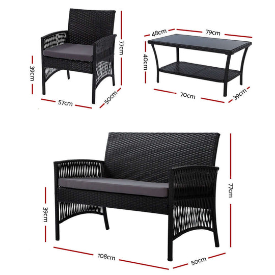 Gardeon 4PCS Outdoor Sofa Set with dimensions, featuring black wicker harp chair and table for stylish garden furniture.