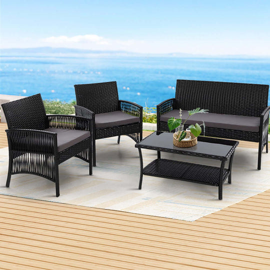 Gardeon 4PCS black outdoor wicker sofa set with table, perfect for affordable DIY garden furniture.