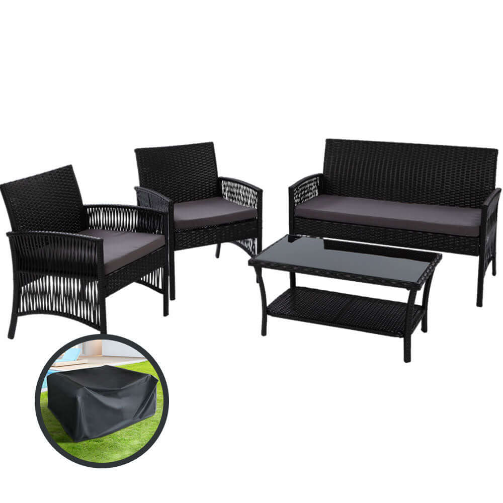 Gardeon 4-piece outdoor wicker sofa set with storage cover, black rattan chairs and table, affordable luxury for patio.