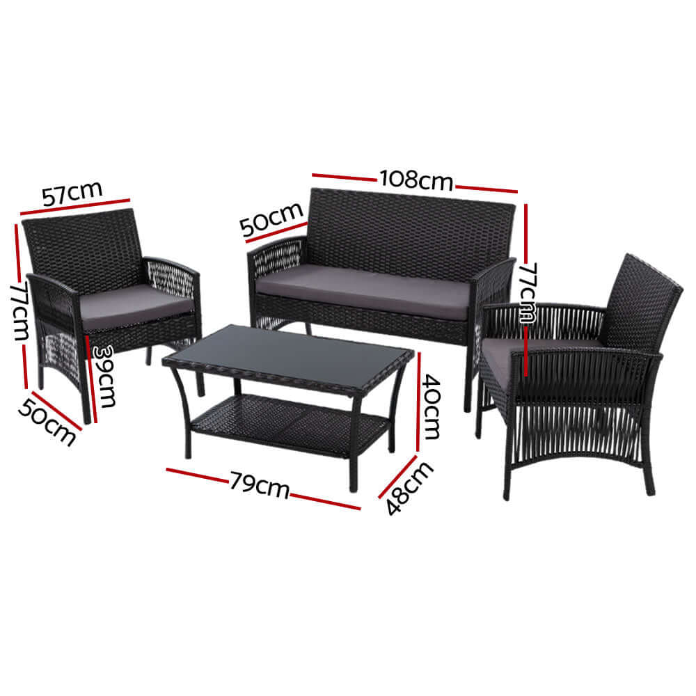 Gardeon 4PCS Outdoor Sofa Set with armchairs and table, stylish black PE wicker design and accurate measurements.