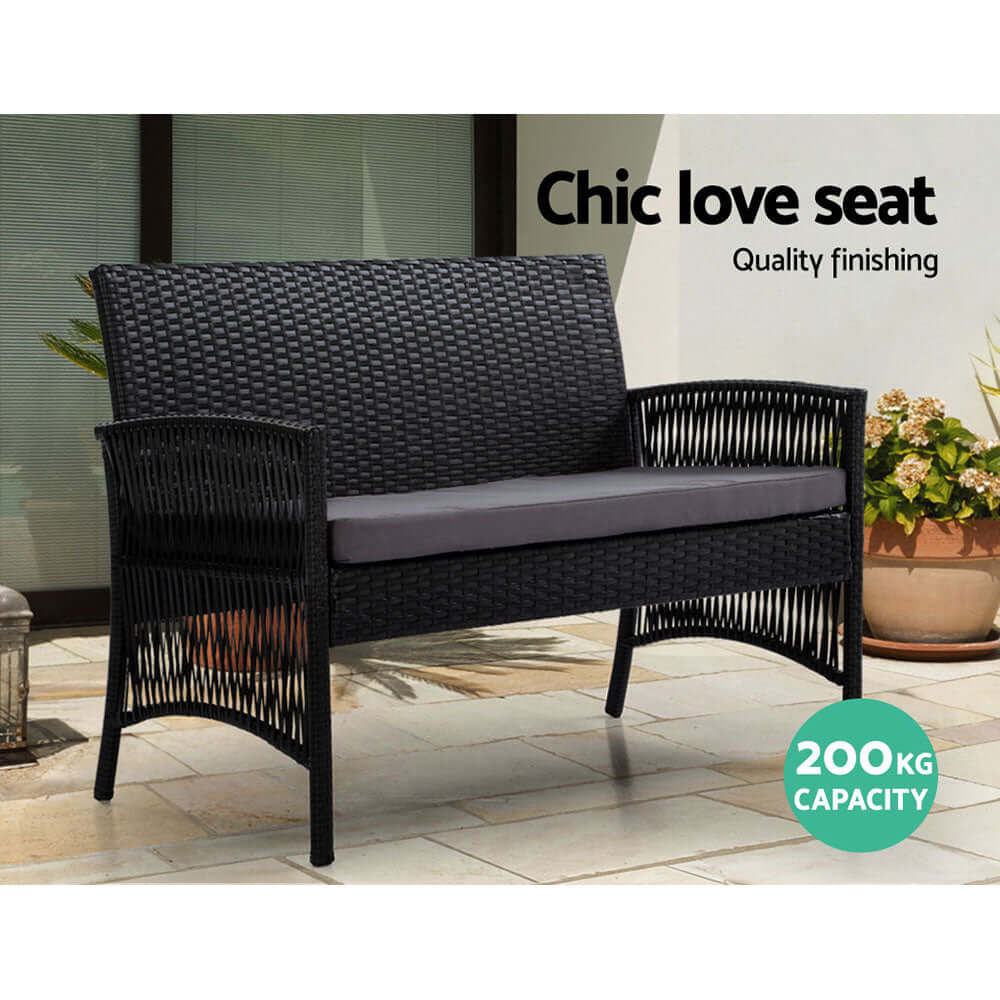 Chic black wicker love seat with quality finishing, 200kg capacity, ideal for outdoor or indoor use.