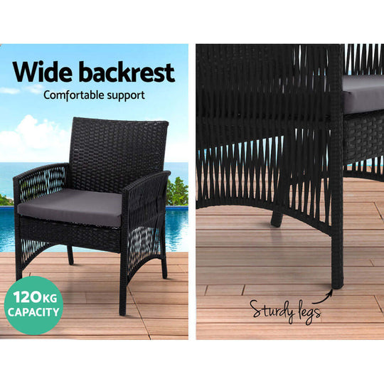 Gardeon wicker chair with wide backrest, sturdy legs, 120kg capacity, ideal for outdoor use and DIY decor.