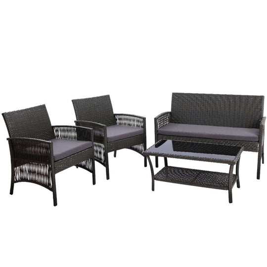 Gardeon 4PCS Outdoor Sofa Set with Grey Cushions, Affordable Wicker Chair Table Garden Furniture