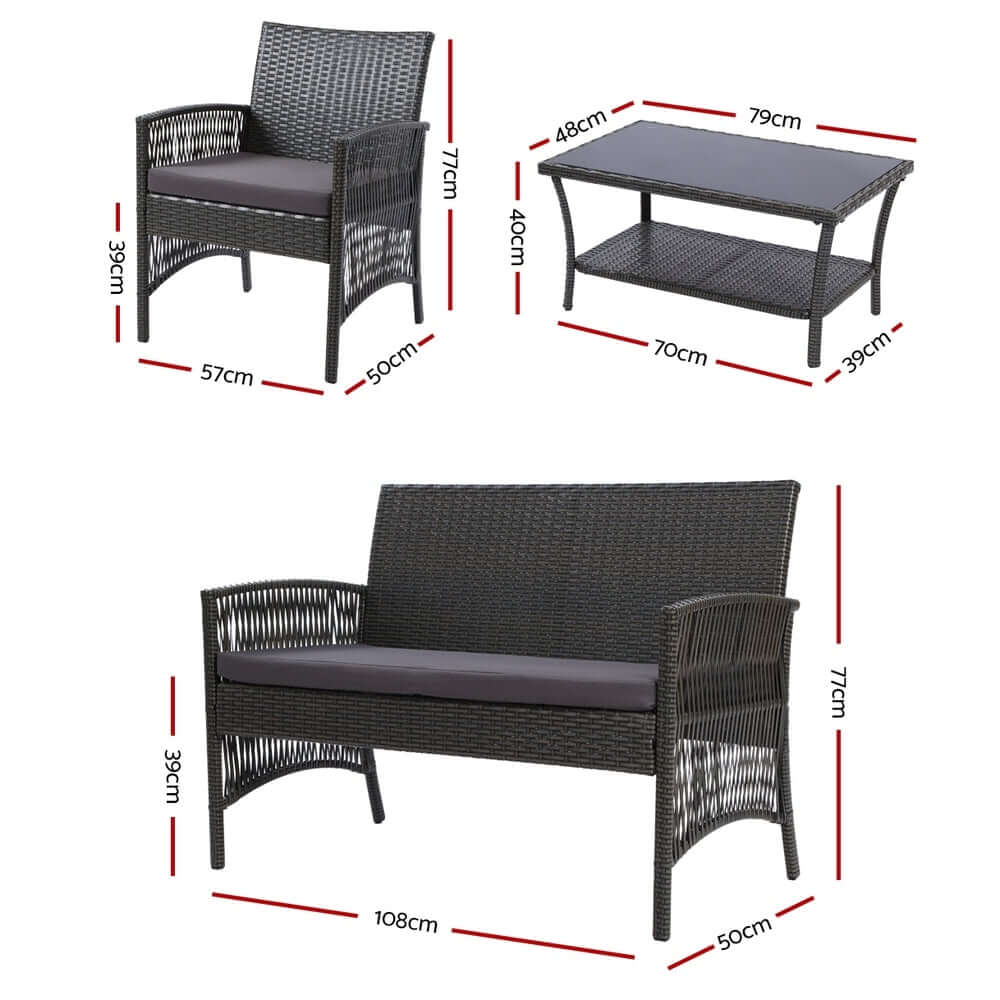 Gardeon 4PCS Outdoor Sofa Set with dimensions, affordable and quality wicker furniture for garden and patio.