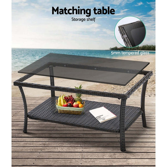 Gardeon matching outdoor table with storage shelf, 5mm tempered glass top, stylish wicker design, perfect for garden furniture.