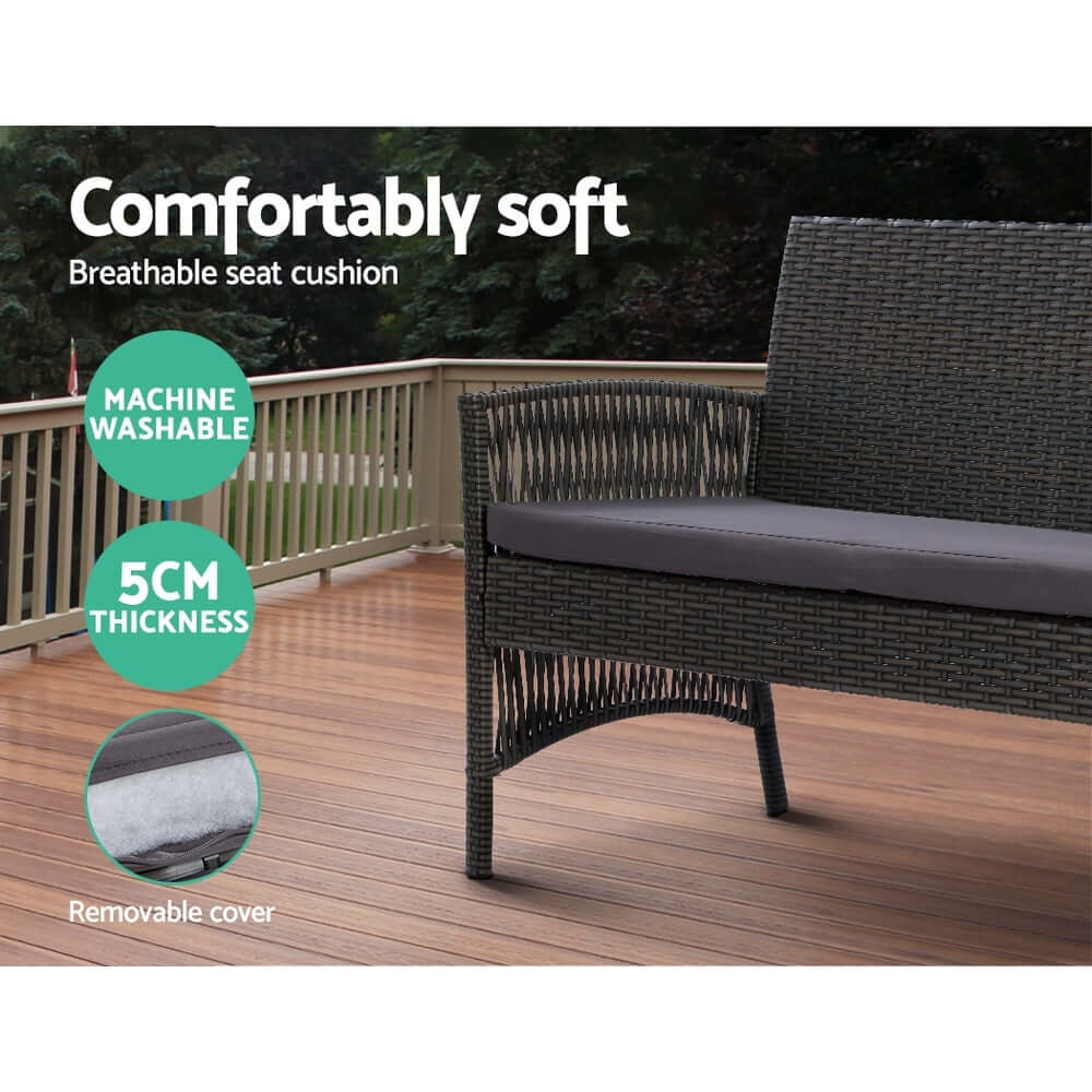 Gardeon outdoor sofa set with soft, machine washable cushion; 5cm thick for comfort and removable cover for easy maintenance.