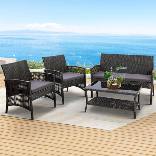 Gardeon 4PCS Outdoor Sofa Set in grey wicker, stylish garden furniture for affordable luxury.