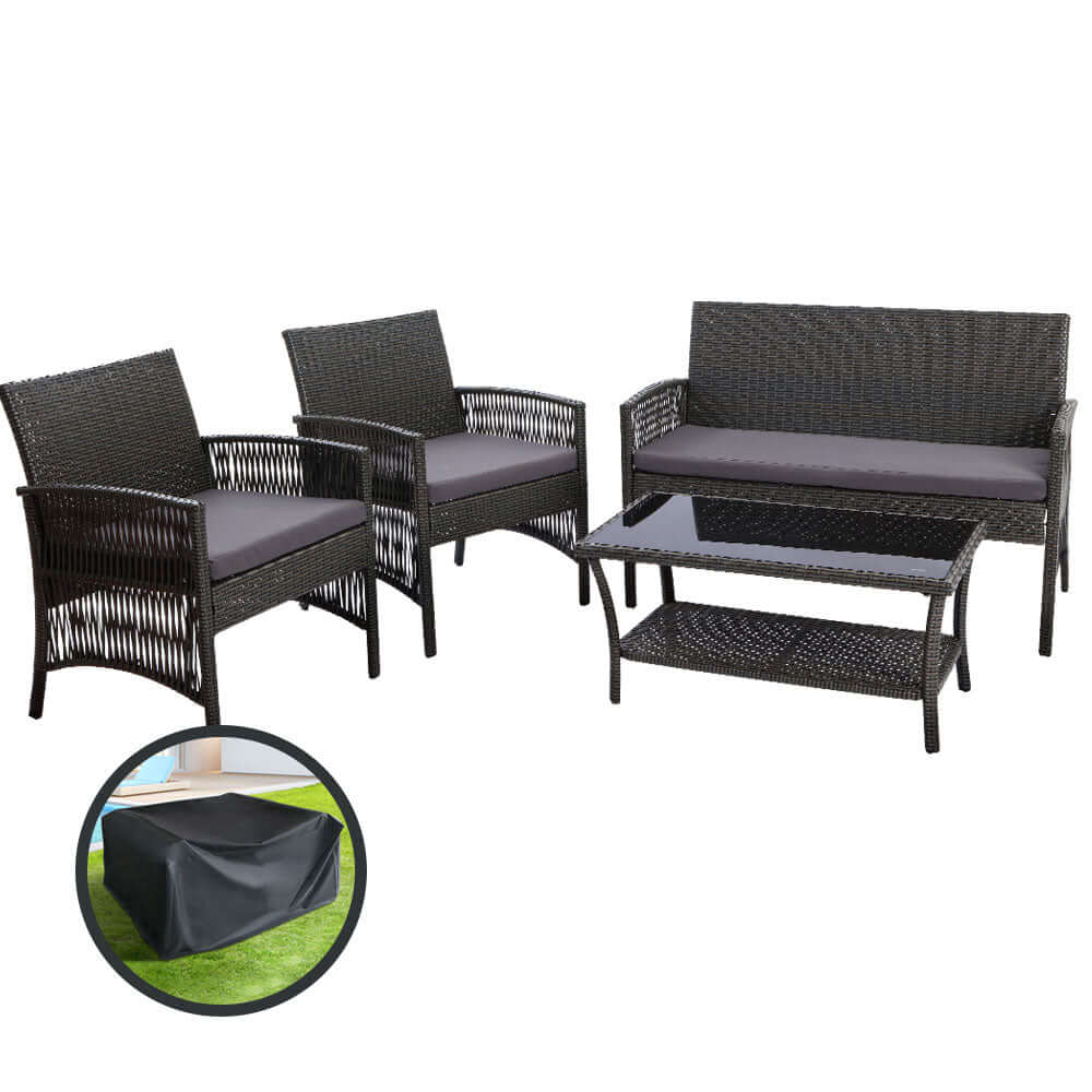 Gardeon 4PCS Outdoor Sofa Set with storage cover, grey wicker chairs and table, perfect for any patio or deck.