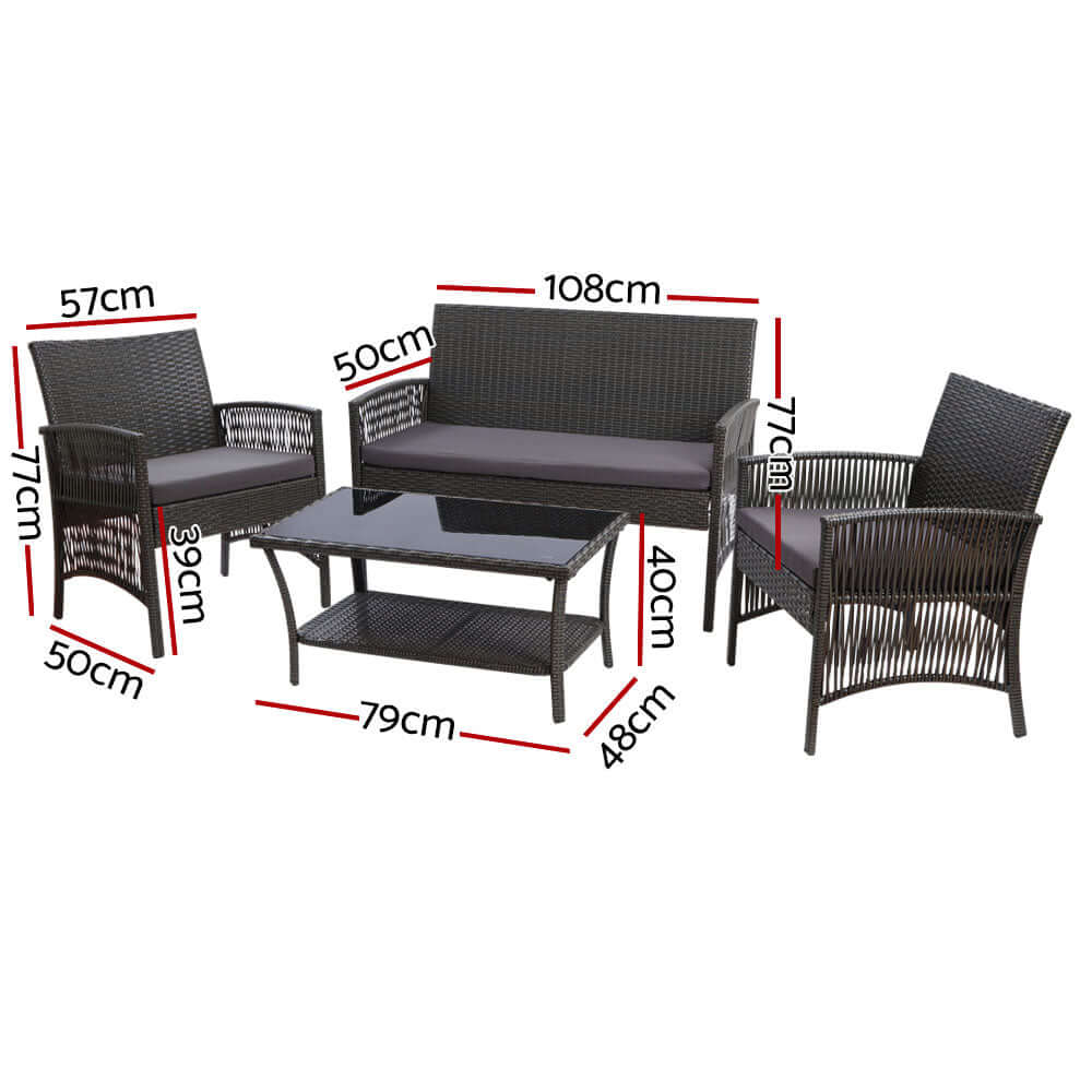 Gardeon 4-piece outdoor sofa set with dimensions, featuring two armchairs, a two-seater, and a glass top table.