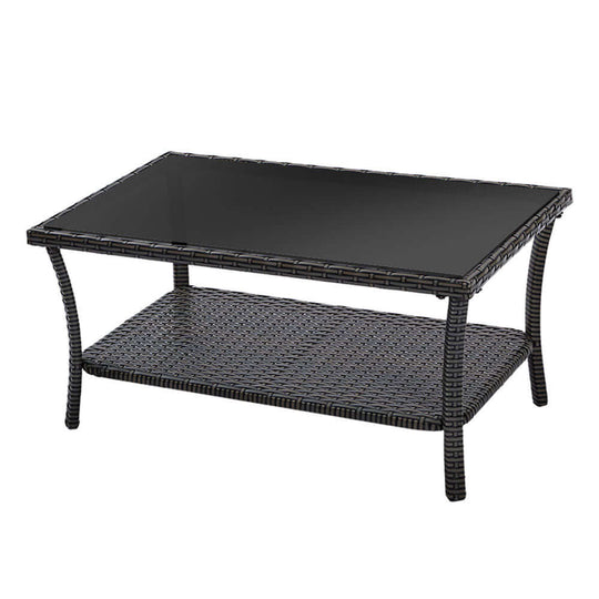 Gardeon outdoor coffee table with tempered glass top, stylish wicker design, perfect for patio or deck.