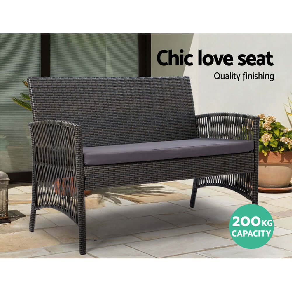 Chic love seat with quality finishing, durable design, 200kg capacity, perfect for outdoor relaxation.