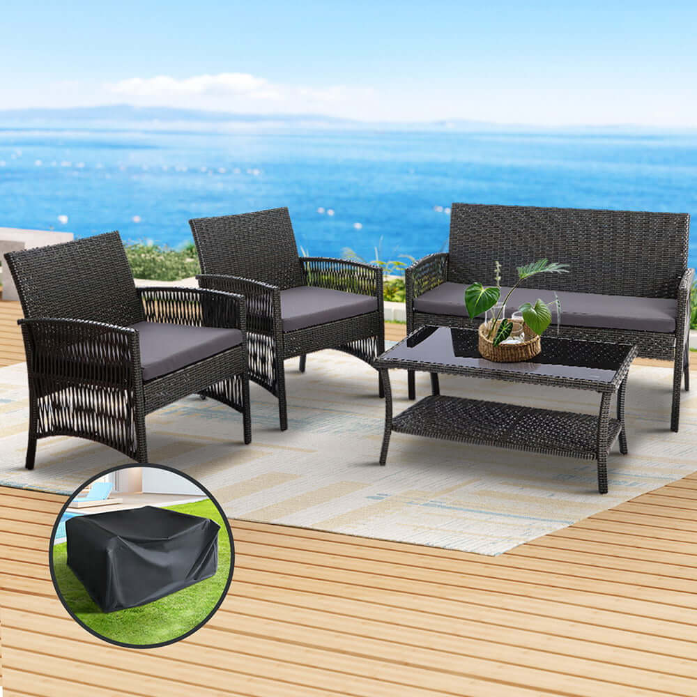 Gardeon 4PCS outdoor wicker sofa set with table, perfect for deck or patio, includes storage cover, affordable luxury.