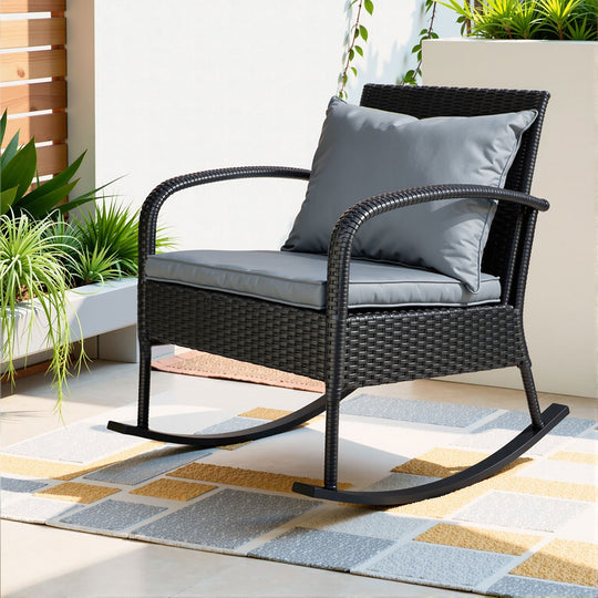 Gardeon Outdoor Furniture Rocking Chair Wicker Garden Patio Lounge Setting Black