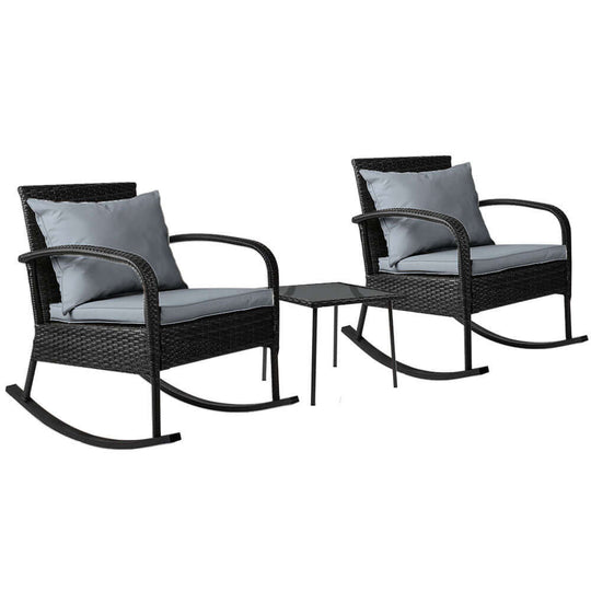 Gardeon 3PC black rocking chair set with cushions and tempered glass table, perfect for affordable outdoor patio decor.