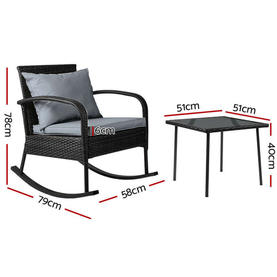 Gardeon 3PC Black Wicker Rocking Chair Set with Table, dimensions 78cm chair height, DIY Lux outdoor furniture.