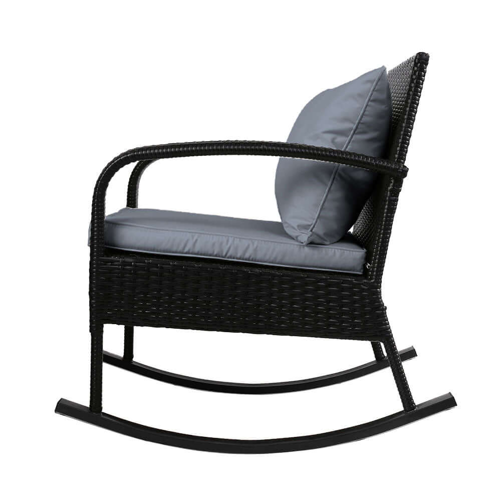 Gardeon black wicker rocking chair with gray cushion—affordable outdoor furniture for a luxurious patio experience.