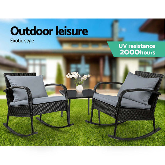 Gardeon 3PC Black Wicker Rocking Chair Set with Table for outdoor leisure, UV resistant, stylish and affordable furniture.