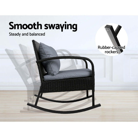 Gardeon black wicker rocking chair with smooth swaying feature, rubber-capped rockers for stability.