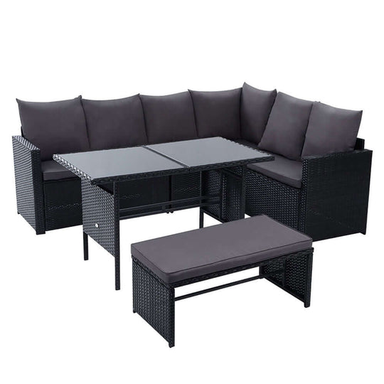 Gardeon Outdoor Wicker Sofa Dining Set, 8-seater, black, featuring comfortable cushions and stylish table, perfect for gatherings.