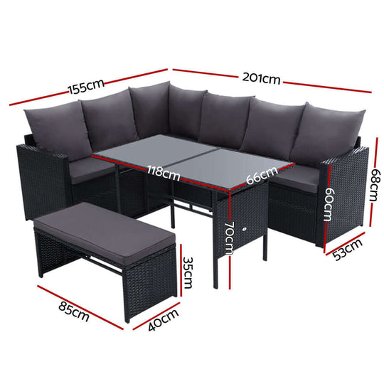 Dimensions of Gardeon Outdoor Furniture 8-Seater Wicker Sofa Set in black, perfect for outdoor gatherings.