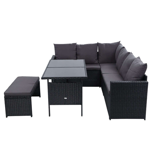 Gardeon affordable outdoor sofa dining set with wicker design, 8-seater, including cushions and glass table, in black.