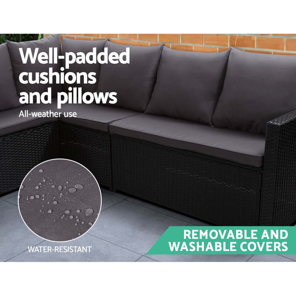 Gardeon outdoor sofa set showing well-padded, water-resistant cushions with removable covers for all-weather use.