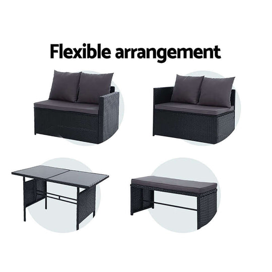 Gardeon outdoor furniture set showcasing flexible arrangement options for versatile seating and dining.