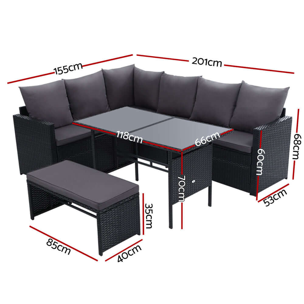 Dimensions of Gardeon Outdoor Sofa Dining Set: 9-seater with table and bench for comfortable garden gatherings.