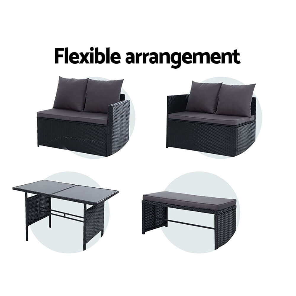 Gardeon Outdoor Sofa Dining Set showcasing flexible arrangement options for seating and tables in stylish black.