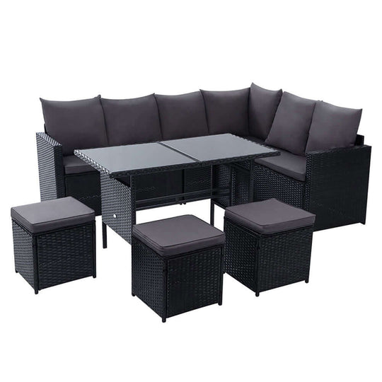 Gardeon 9-seater outdoor furniture dining set, black wicker sofa with cushions and table, perfect for garden parties.