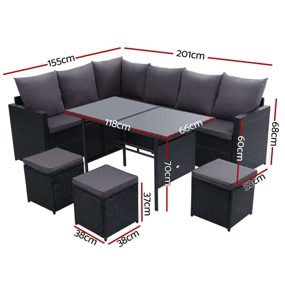 Gardeon 9-seater outdoor furniture dining set dimensions in black wicker with cushions, ideal for affordable luxury.