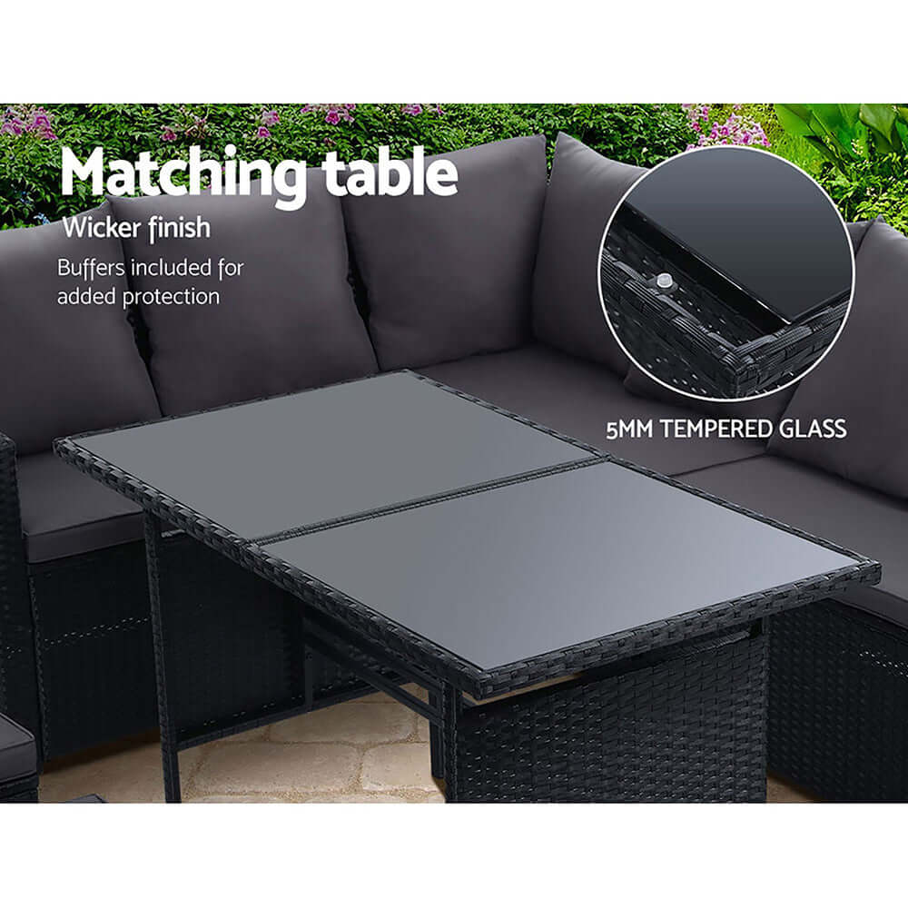 Gardeon outdoor furniture matching table with 5mm tempered glass and wicker finish, designed for quality and durability.