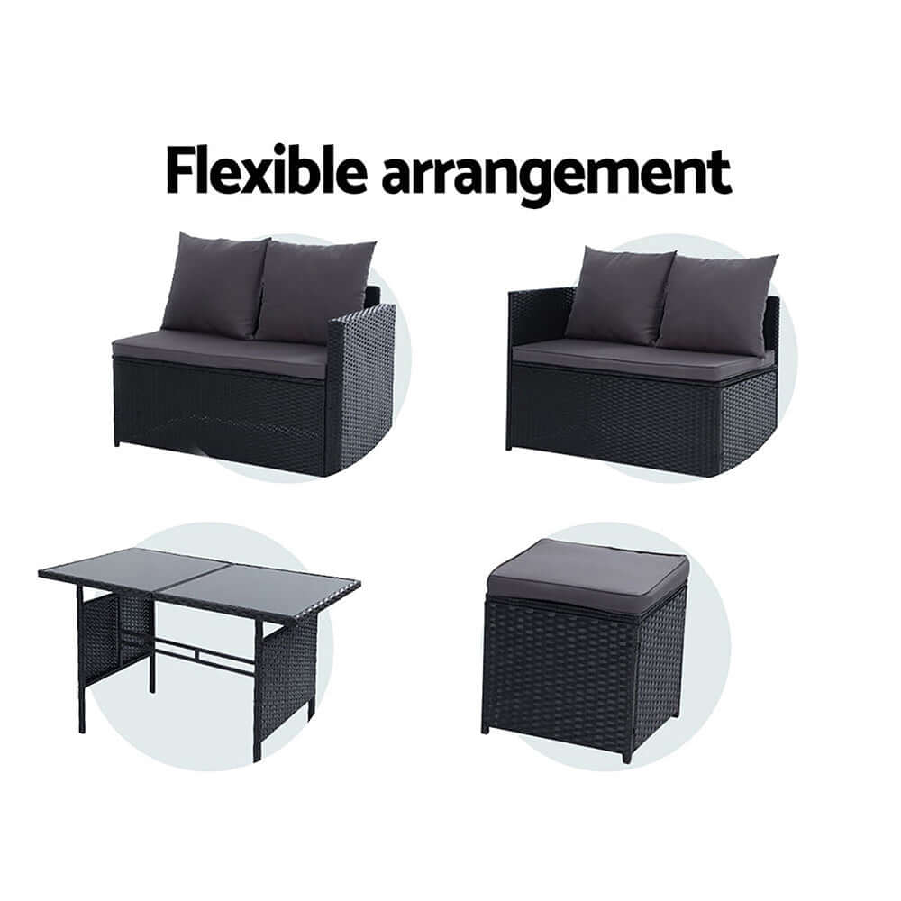 Gardeon Outdoor Furniture showing flexible arrangement of 9-seater dining sofa set, featuring versatile wicker seating and tables.