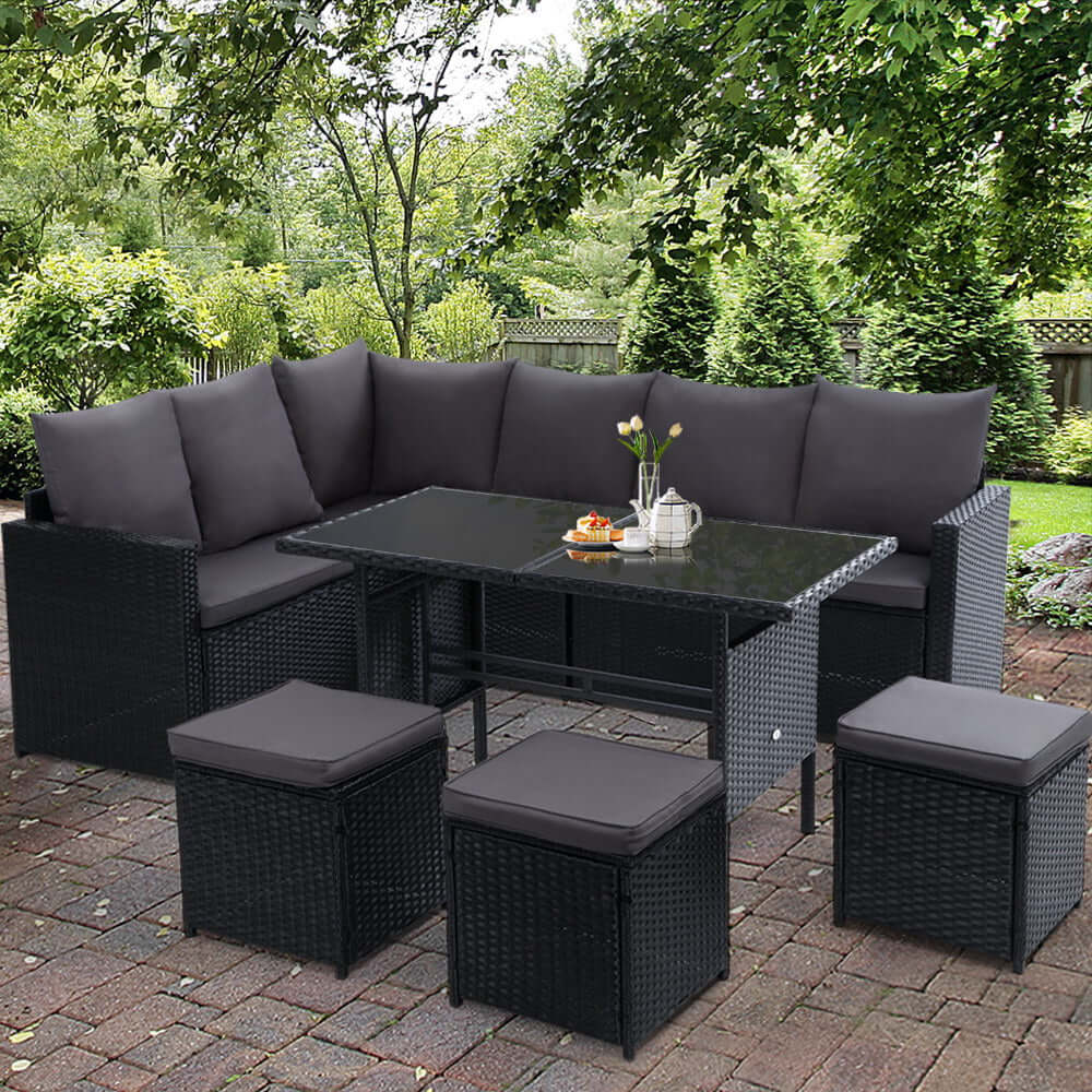 Gardeon Affordable Outdoor Furniture 9-Seater Black Wicker Sofa Set with Cushions, perfect for relaxing garden parties.