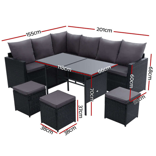 Gardeon outdoor sofa dining set with dimensions, featuring modular seating, glass table, and cushioned ottomans in black.