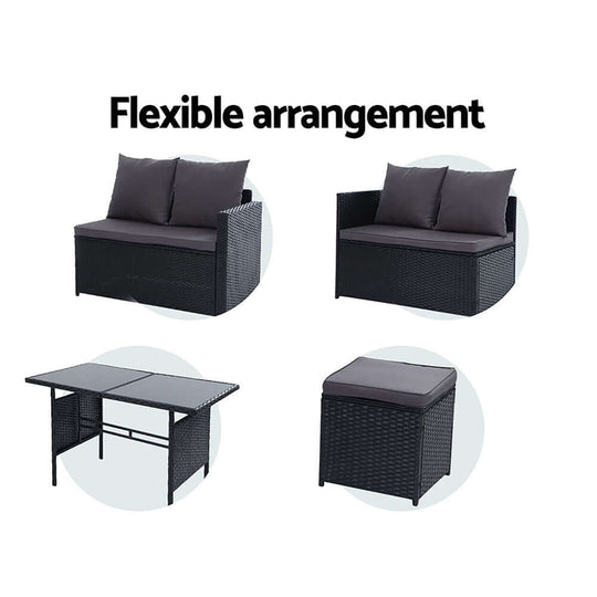 Flexible outdoor dining set featuring modular sofa, table, and ottoman in black with cushions.