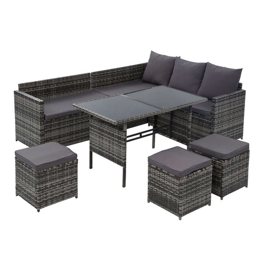 Gardeon 9-Seater Outdoor Wicker Sofa Set in Mixed Grey, perfect for affordable, quality garden gatherings.